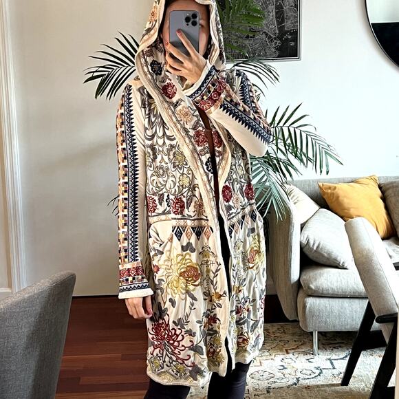 Johnny Was Biya Coreine Duster Hooded Long Cardigan XS Embroidered Beige Floral